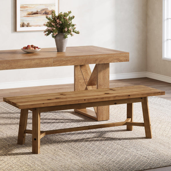 55 Inch Solid Wood Farmhouse Bench – Rustic Brown
