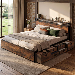 King & Queen Platform Bed Frame with 12 Storage Drawers & Headboard