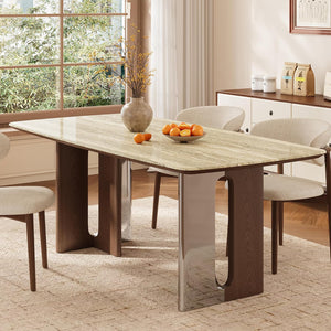 63-Inch Stone Top Dining Table with Dual-Tone Pedestal Legs