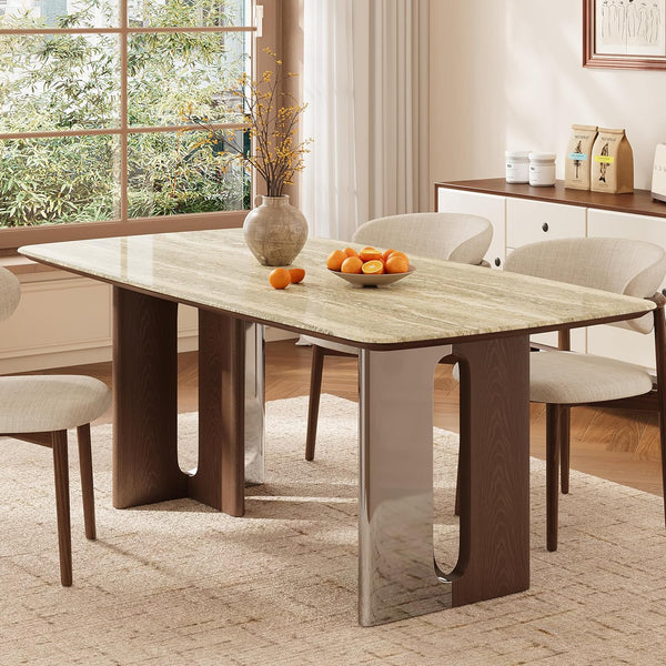 63-Inch Stone Top Dining Table with Dual-Tone Pedestal Legs