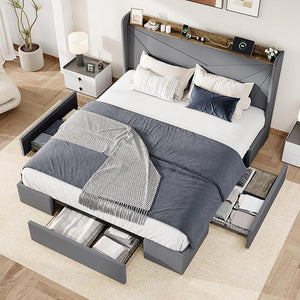 Velvet Platform Bed with Storage Drawers & USB Ports