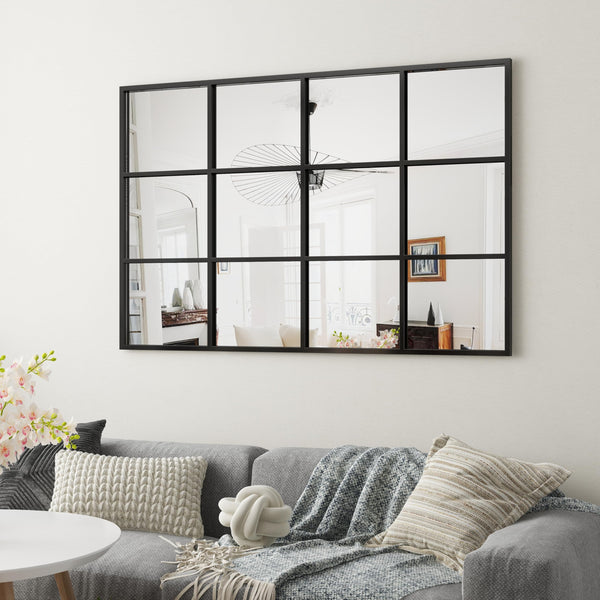 Large Arched Grid Wall Mirror – Matte Black Metal Frame