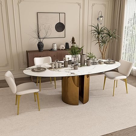 Oval Sintered Stone Dining Table Set with Stainless Steel Base