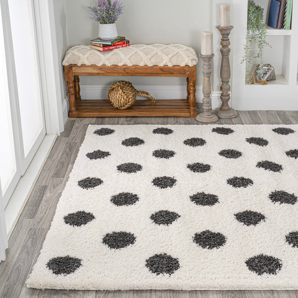 Moroccan Polka Dot Shag Area Rug – White & Gray