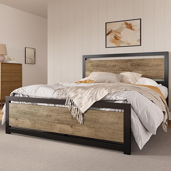 Metal Platform Bed Frame with Headboard & Slat Support