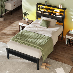 Platform Bed Frame with LED Lights, Charging Station & Storage Headboard