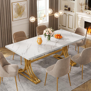 63-Inch Rectangular Dining Table with Faux Marble Top & Metal Legs