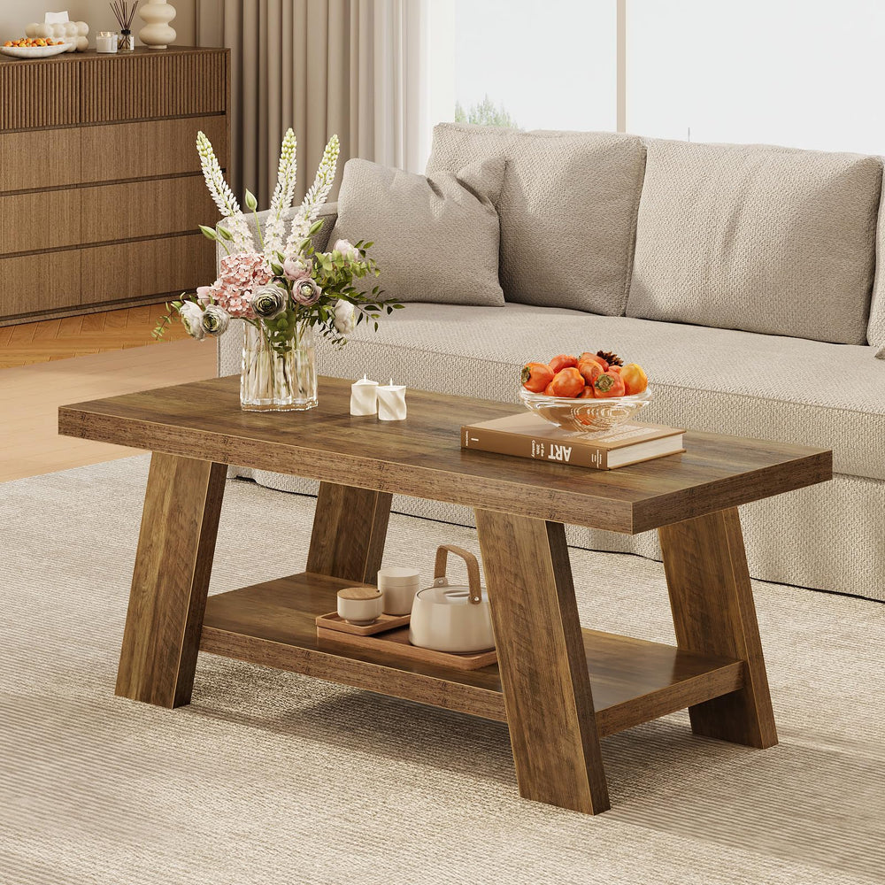 2-Tier Farmhouse Coffee Table with Storage – 47" Rustic Wood, Retro Brown