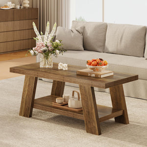 2-Tier Farmhouse Coffee Table with Storage – 47" Rustic Wood, Retro Brown
