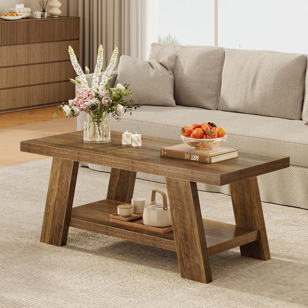 2-Tier Farmhouse Coffee Table with Storage – 47" Rustic Wood, Retro Brown