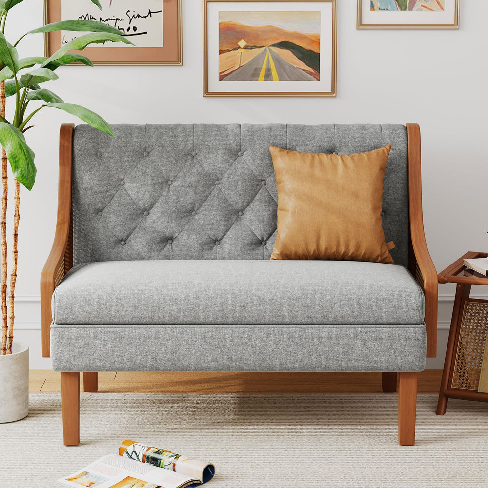 Rattan Arm Loveseat Settee – Upholstered Mid-Century Modern Bench Sofa