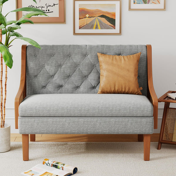 Rattan Arm Loveseat Settee – Upholstered Mid-Century Modern Bench Sofa