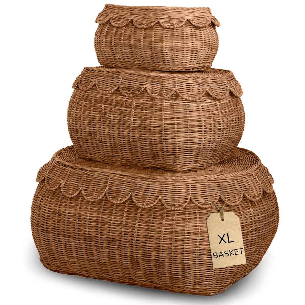 Scalloped Rattan Basket Set of 3 with Lids – Handwoven Nesting Storage Baskets