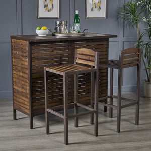 Indoor Acacia Wood Bar Set with Rustic Metal Accents