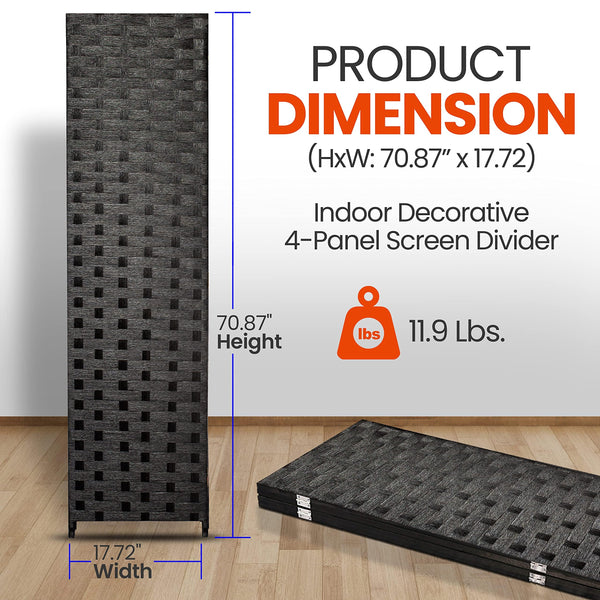 4-Panel Folding Room Divider – Woven Fiber Privacy Screen