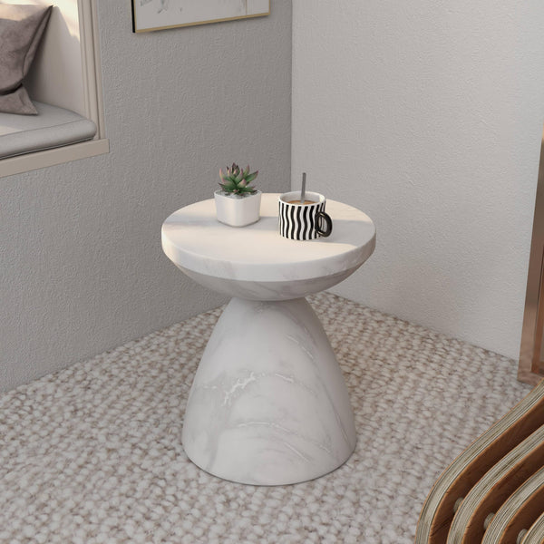 Round Fiberstone Side Table with Hourglass Pedestal Base – Indoor & Outdoor Accent Table