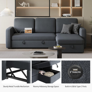 L-Shaped Sleeper Sectional Sofa with Pull-Out Bed, Storage & USB Charging