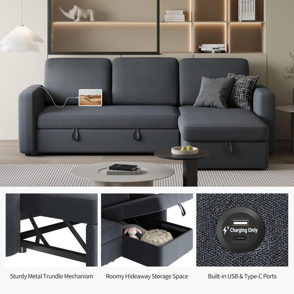 L-Shaped Sleeper Sectional Sofa with Pull-Out Bed, Storage & USB Charging