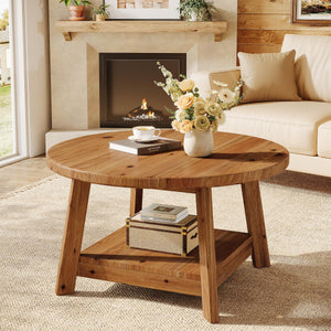 Round Solid Wood Coffee Table with Storage Shelf
