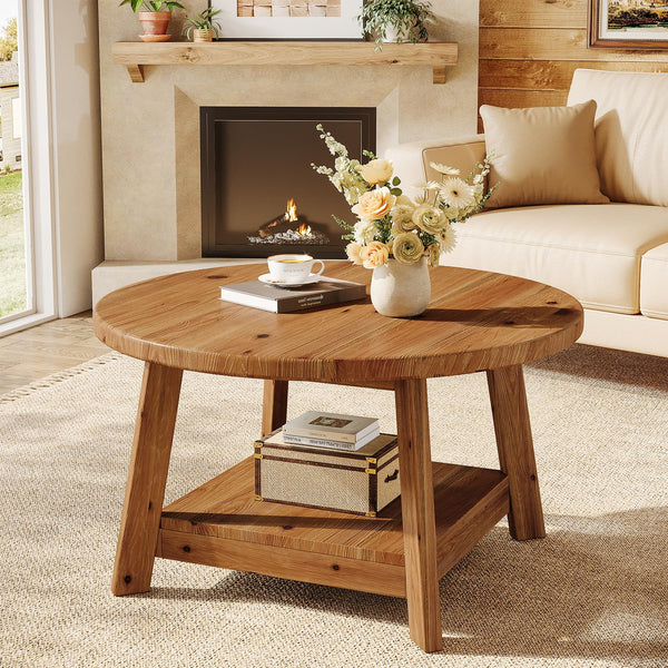 Round Solid Wood Coffee Table with Storage Shelf