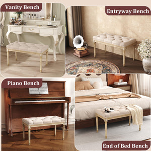 Upholstered Vanity Bench with Button Tufting & Carved Wood Legs
