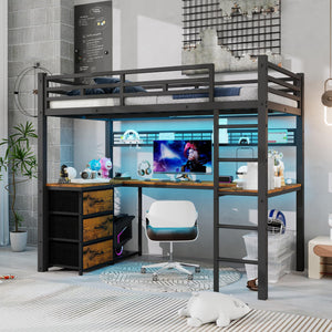 Twin Loft Bed with U-Shaped Desk, LED, Storage Drawers & Power Outlet