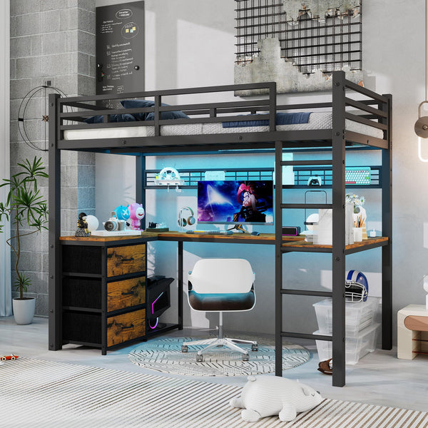 Twin Loft Bed with U-Shaped Desk, LED, Storage Drawers & Power Outlet