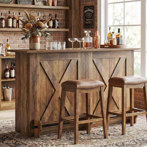 Farmhouse Bar Table with Storage Shelves & Footrest