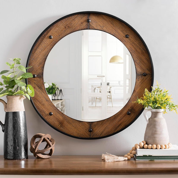 Round Wood Wall Mirror with Black Metal Frame