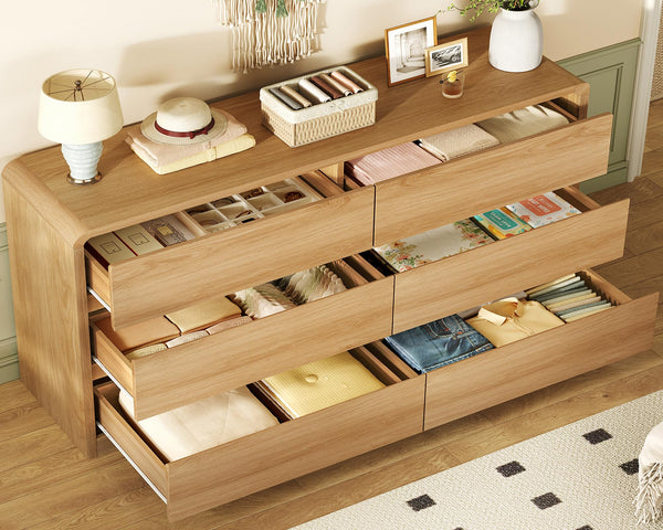 55-Inch 6-Drawer Dresser – Natural Wood Finish