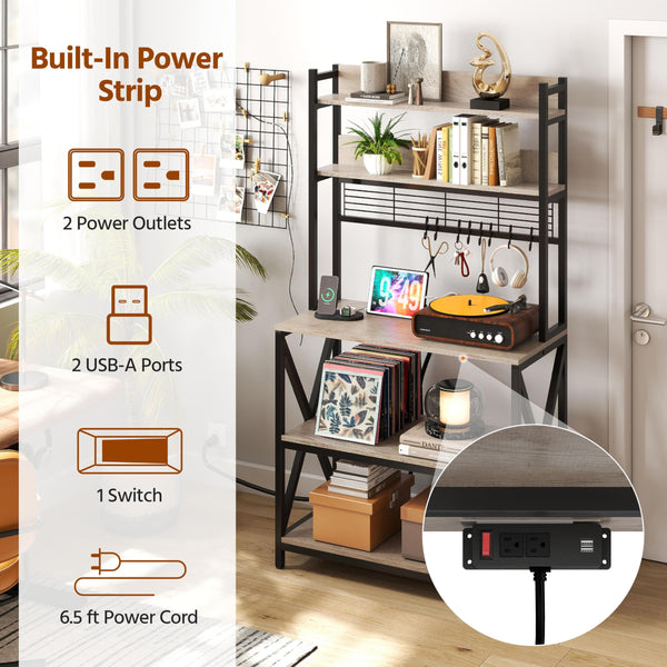 Yaheetech Kitchen Bakers Rack with Power Outlet & LED Lights, 5 Tiers Coffee Bar Table with 8 S Hooks, 64 Inches Tall Microwave Oven Stand with Storage for Spices, Pots, Gray