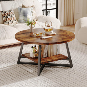 Round Coffee Table with Storage – 2-Tier Modern Wood & Metal Design