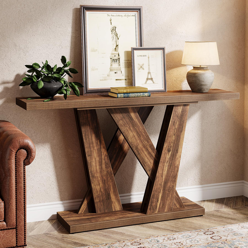 55-Inch Farmhouse Console Table with Geometric Base