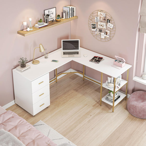 L-Shaped Computer Desk with Drawers & Storage Shelves