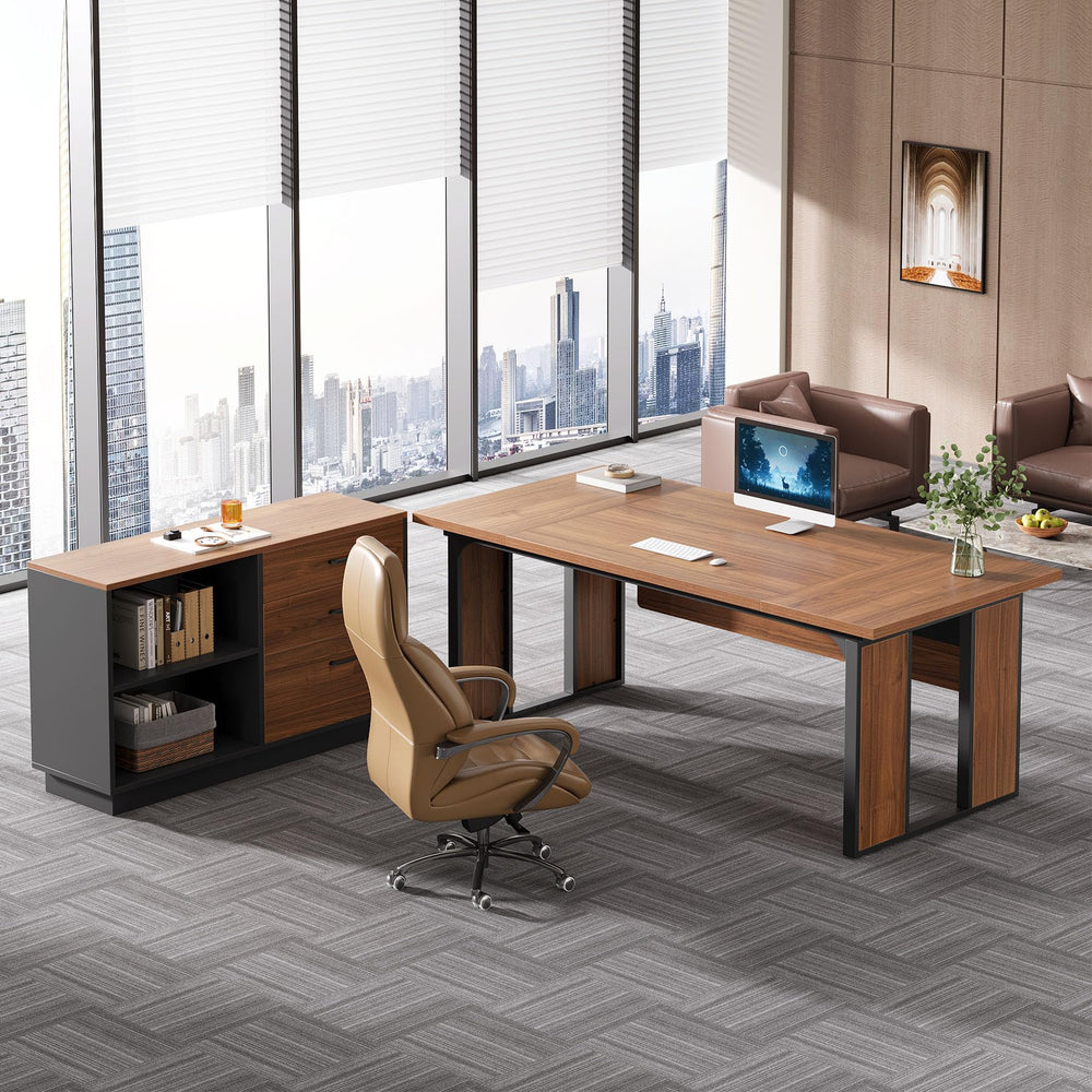 L-Shaped Executive Desk with File Cabinet and Storage Shelves