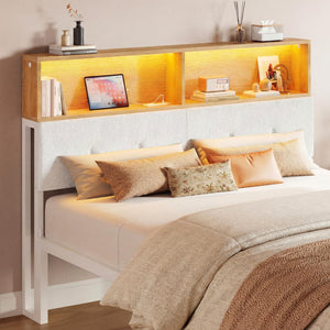 Queen Upholstered Headboard with Storage, LED Light & Charging Station