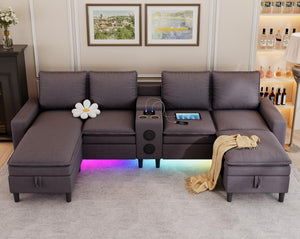 L-Shaped Sectional Sofa with Bluetooth Speaker, LED Lights & Charging Station