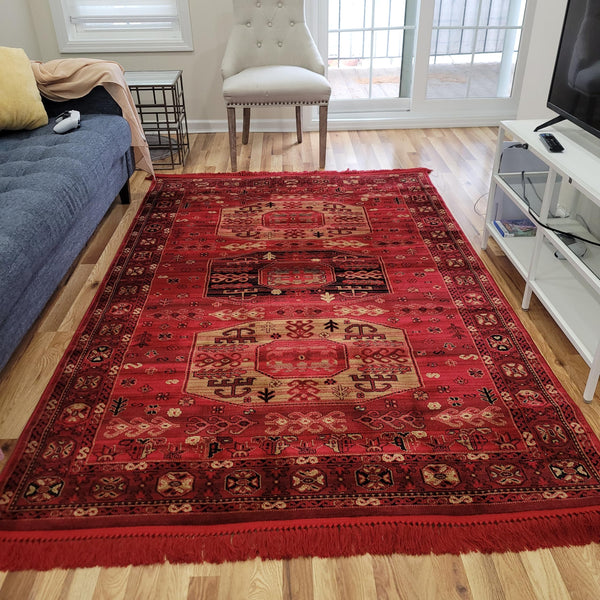 Traditional Persian Oriental Area Rug 5x8 – Red Gold Medallion, Polypropylene, Indoor