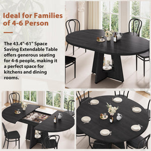 Extendable Dining Table, Round Kitchen Dining Room Dinner Table with for 4 6 8 People, Space Saving Modern Oval Expandale Furniture with Storage and Pedestal for Kitchen Living Room (Black)