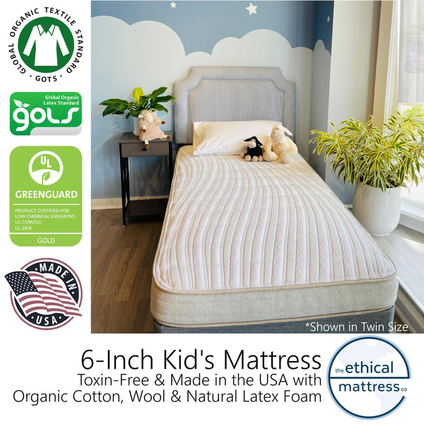 6" Kids Mattress – Organic Cotton, Wool & Latex with Pocketed Coils, Bed in a Box