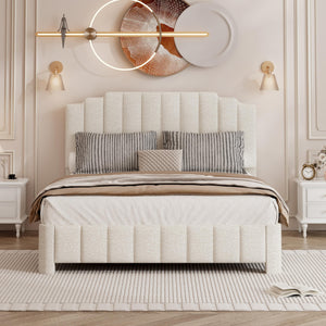 Queen Bed Frame with Adjustable Headboard & Boucle Upholstery