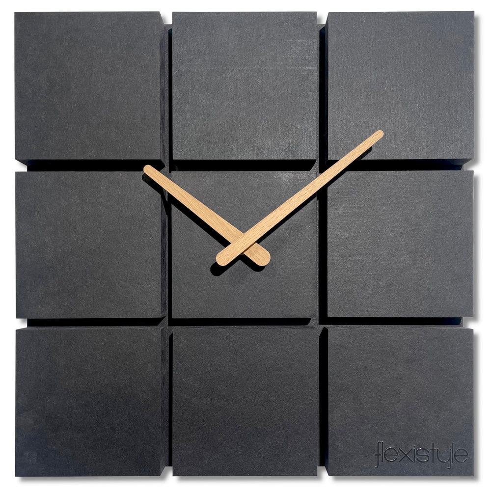 Square Silent Wall Clock 30cm Black Modern Analog