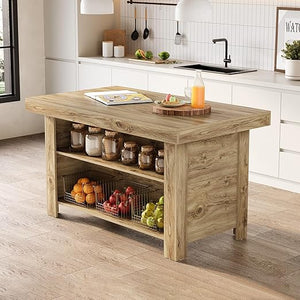 55-Inch Farmhouse Kitchen Island with Storage Shelf