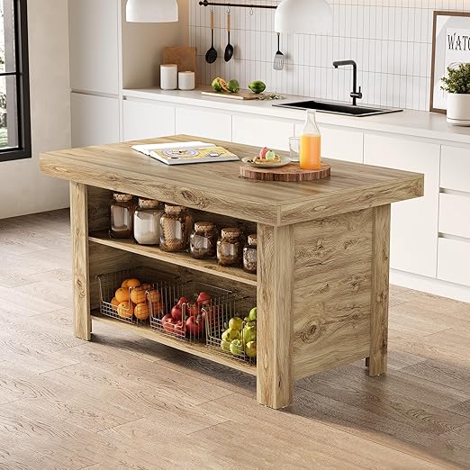 55-Inch Farmhouse Kitchen Island with Storage Shelf