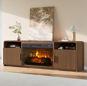 AMERLIFE 70" Fluted Fireplace TV Stand for TVs Up to 80", Modern TV Console with 30" Electric Fireplace & Storage Cabinets, Media Entertainment Center for Living Room, Brown