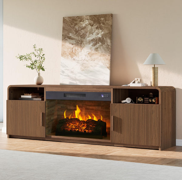 AMERLIFE 70" Fluted Fireplace TV Stand for TVs Up to 80", Modern TV Console with 30" Electric Fireplace & Storage Cabinets, Media Entertainment Center for Living Room, Brown