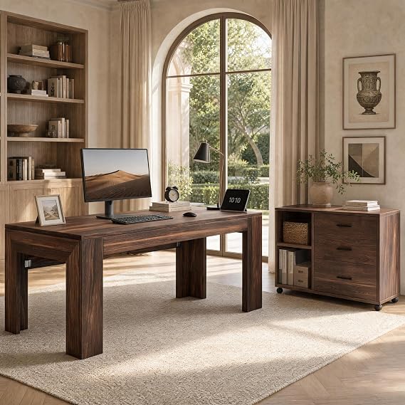 63" L-Shaped Office Desk with Drawers, Shelves & Rolling File Cabinet