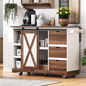 Rolling Kitchen Island with Drop Leaf Countertop & Power Outlets