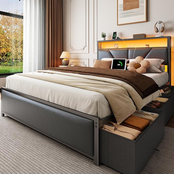 Queen & Full Platform Bed with Storage Headboard, LED Lights & Charging Station