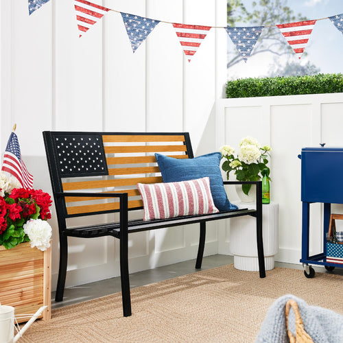 2-Person Steel Outdoor Bench with American Flag Backrest